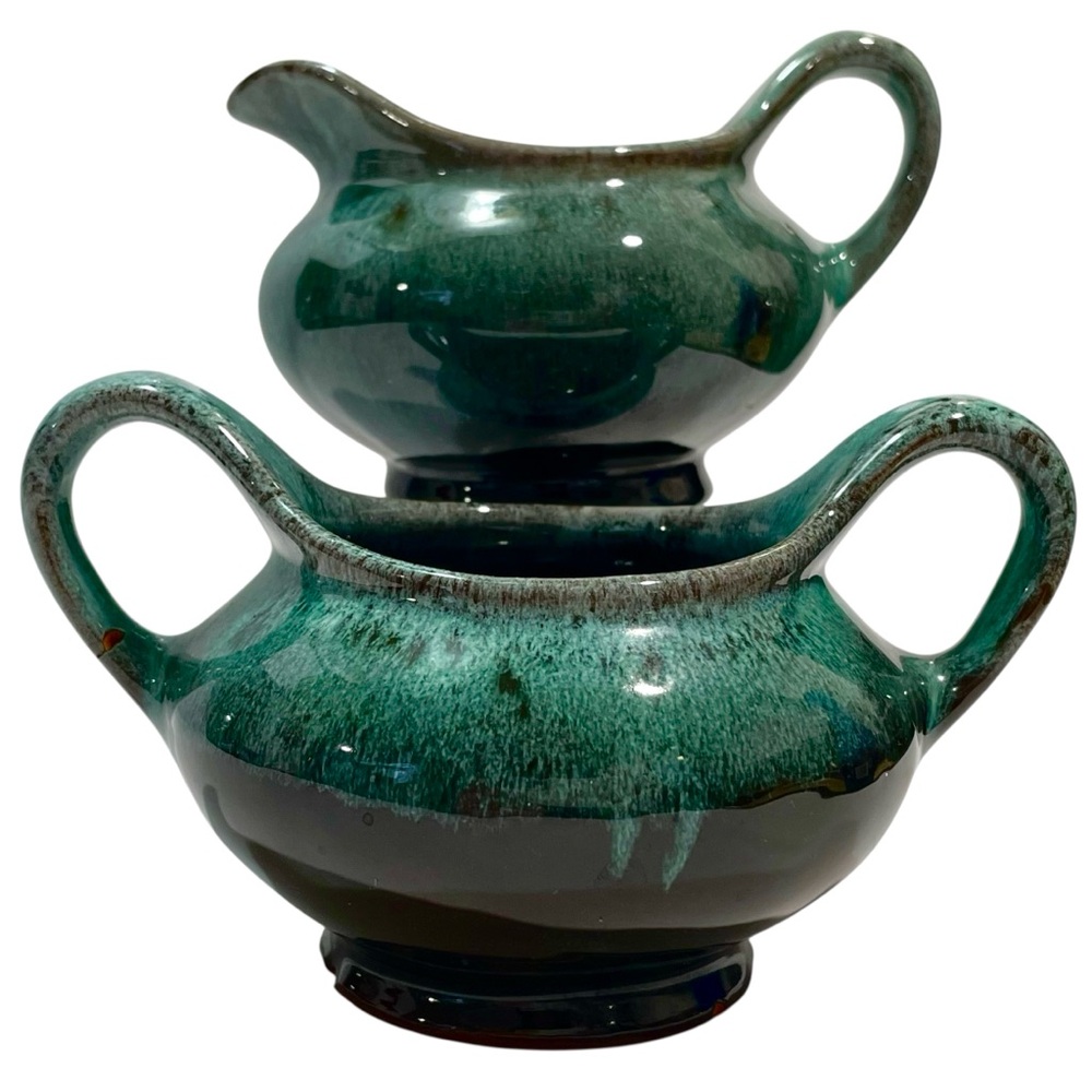 Vintage 1970s Evangeline Pottery Teal Open Sugar and Creamer Canada